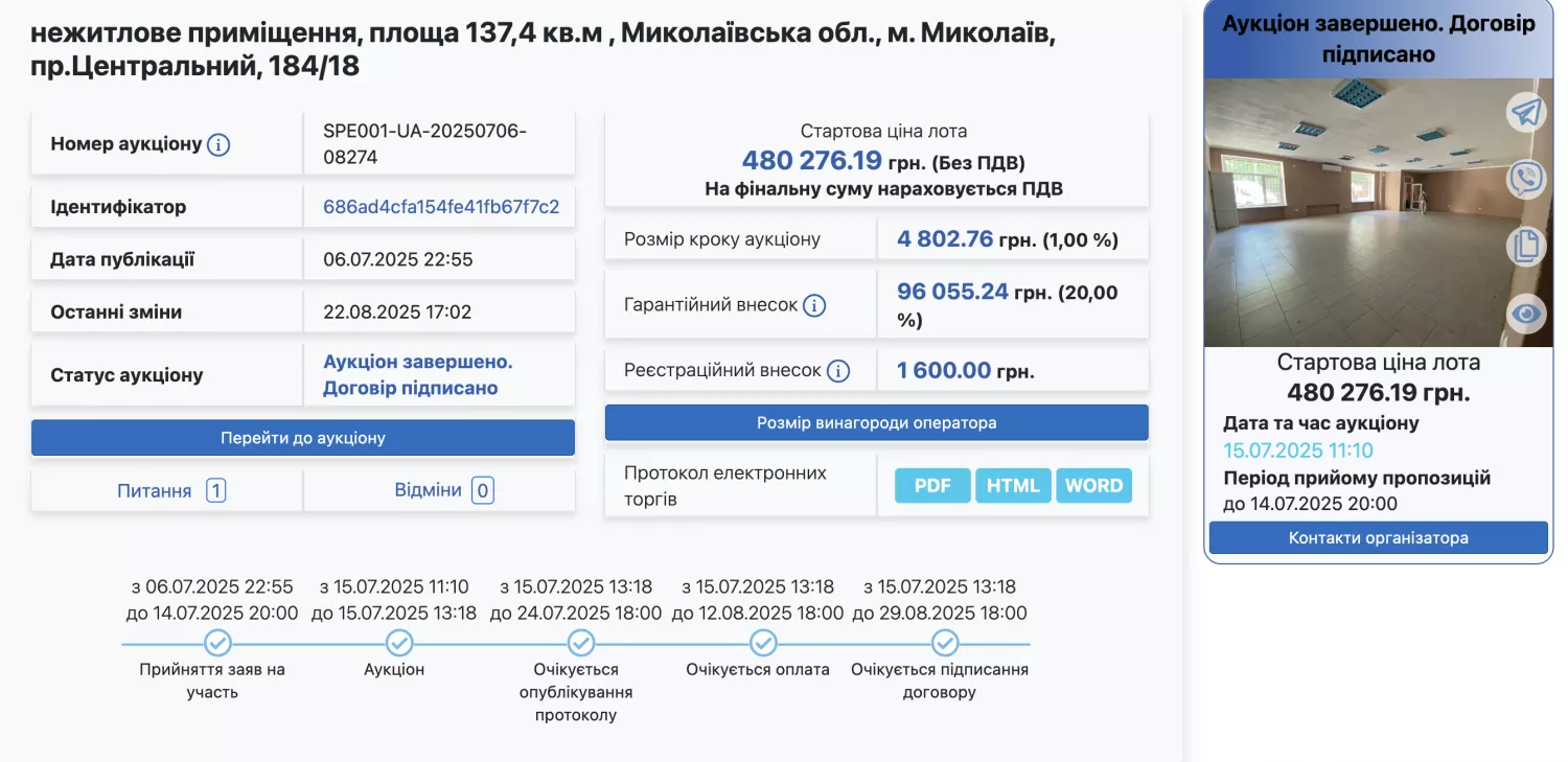 Приміщення на проспекті Центральному, 184/18 придбали у міста за 2,2 мільйони гривень. Скриншот