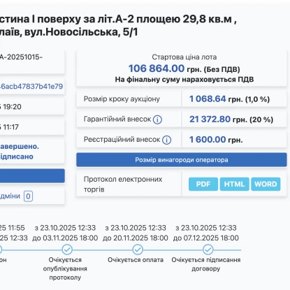 Приміщення по вулиці Новосільській, 5/1 в районі ЛШМД, який продали на аукціоні за 140 тис. грн, а вже згодом воно було виставлено на перепродаж на OLX за 1,2 млн грн. Скриншоти