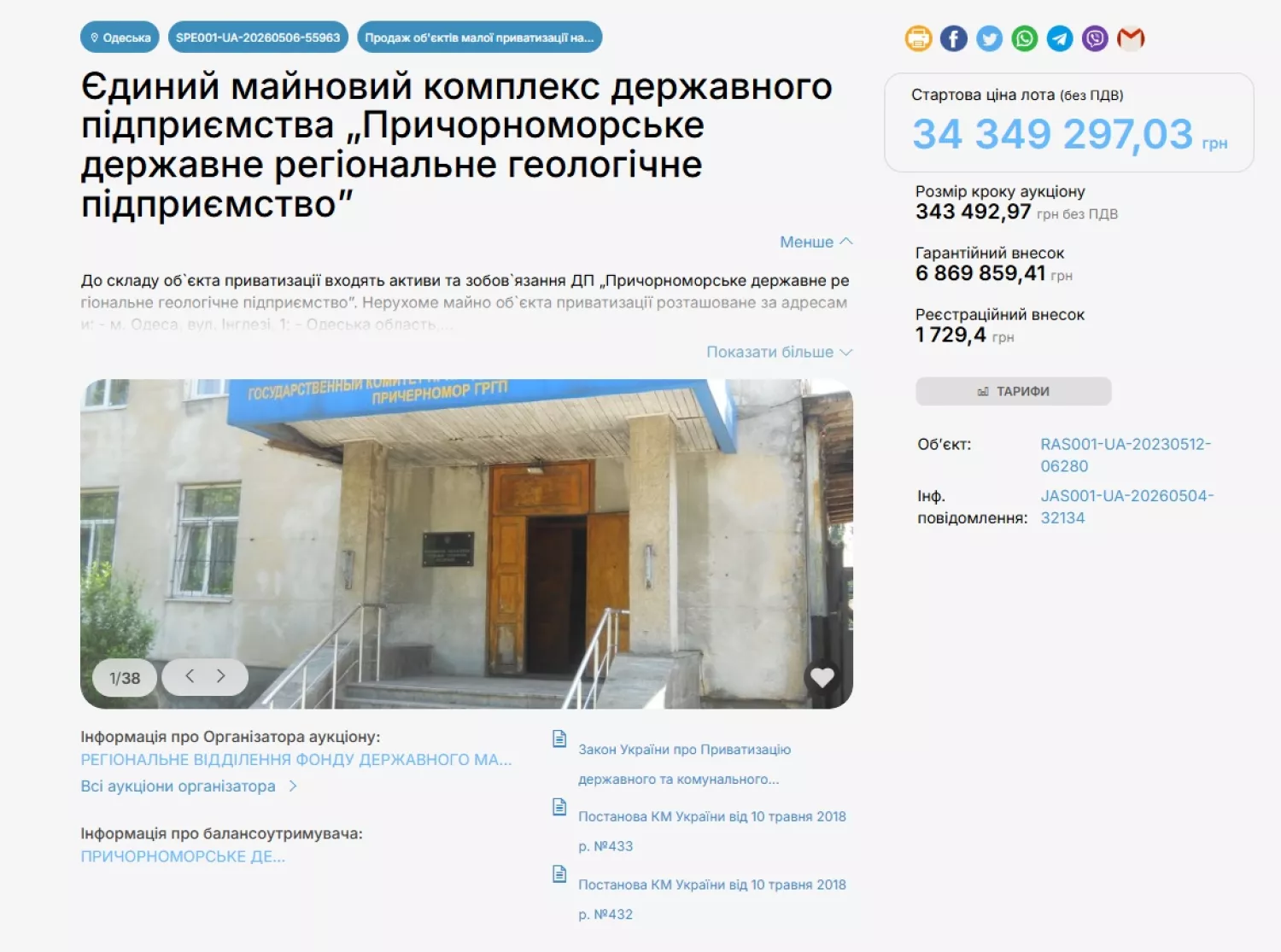Інформація про лот, який виставили на аукціон. Скриншот: UBIZ.ua