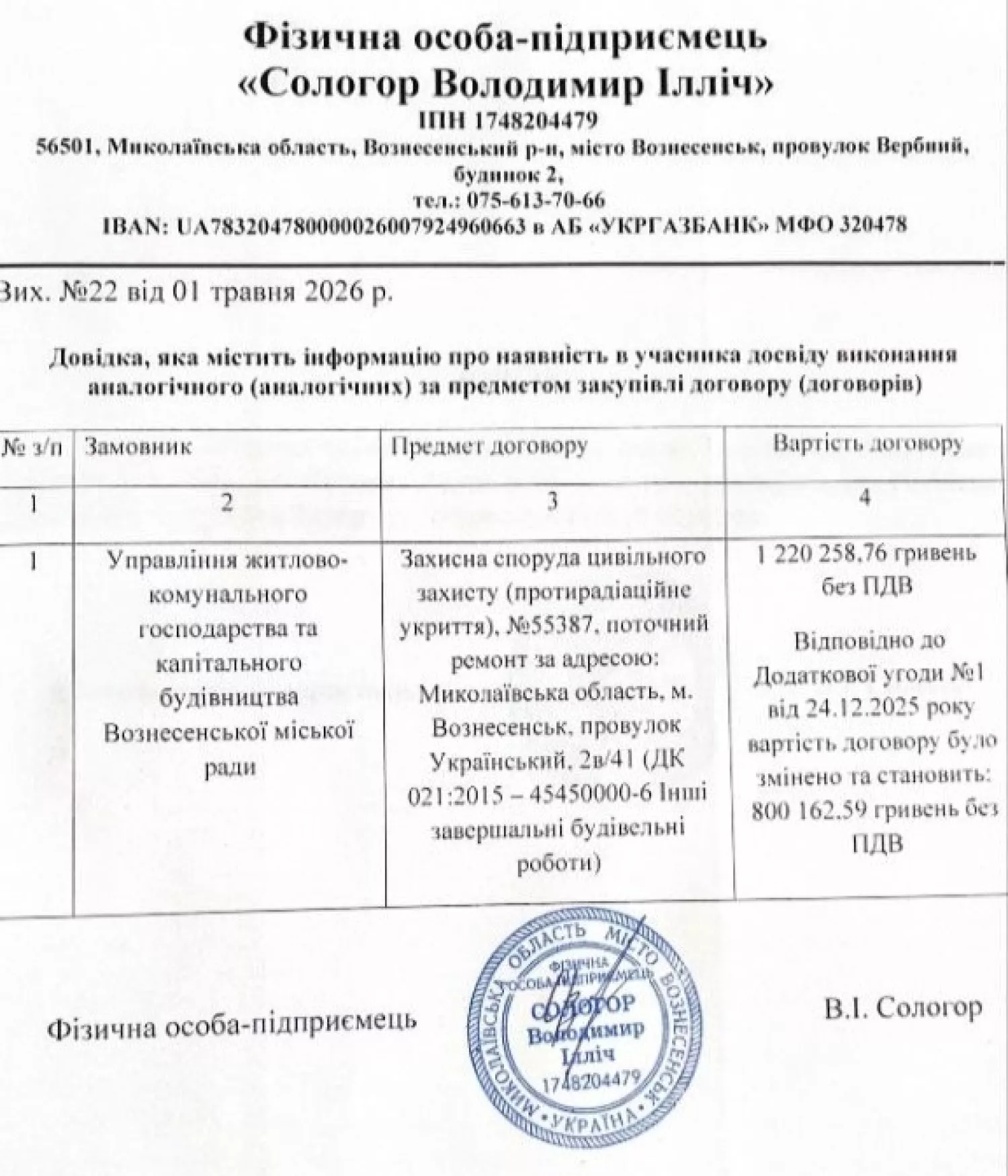 Аналогічний досвід у підрядника. Скриншот з Prozorro