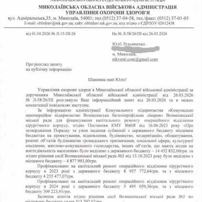 Відповідь Миколаївської ОВА з приводу фінансування ремонту лікарні на запит НикВести