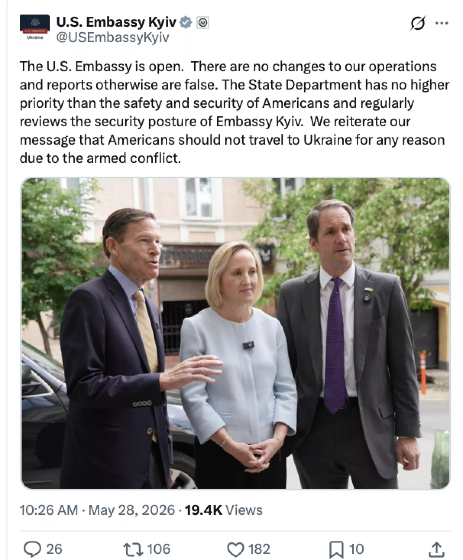 Посольство США у Києві заперечило евакуацію дипломатів, скрин з соціальної мережі Х