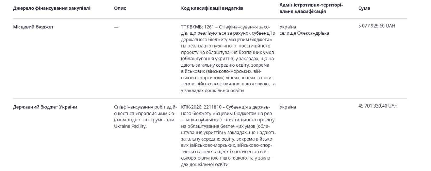 Інформація про співфінансування робіт. Скриншот з Prozorro