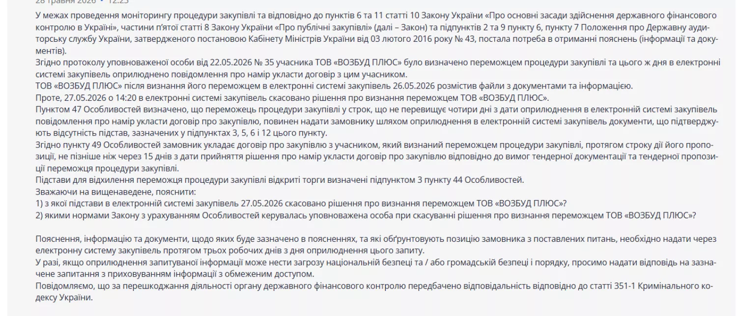 Питання аудиторів по скасуванню договору. Скриншот з Prozorro