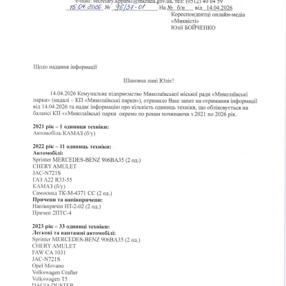 Відповідь комунального підприємства «Миколаївські парки» на інформаційний запит «НикВести»