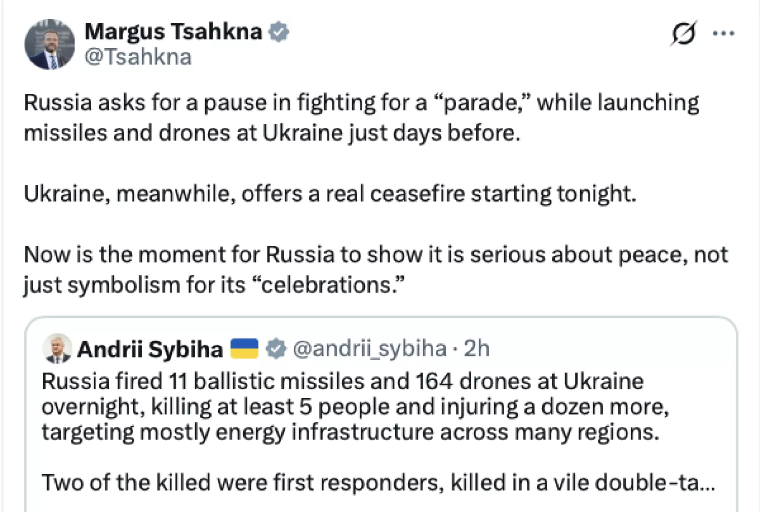 Маргус Тсахкна прокоментував заяву російського оборонного відомства, скриншот з соціальної мережі Х