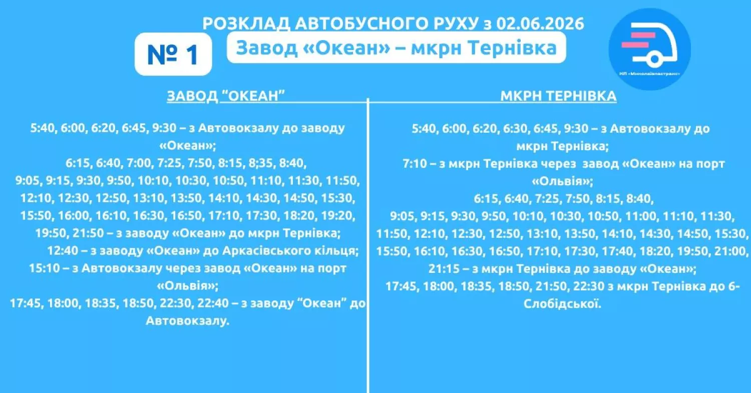 Розклад маршруту №1. Фото: КП «Миколаївпастранс»