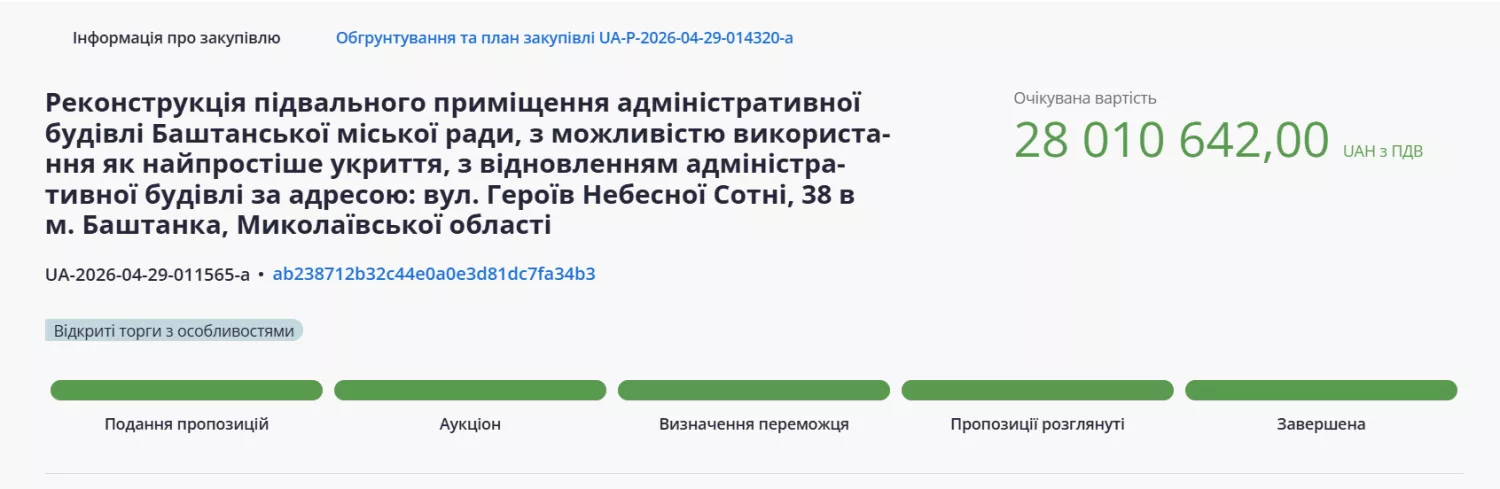 Тендер на реконструкцію підвалу в укритті у міськраді Баштанки. Скриншот з системи Prozorro