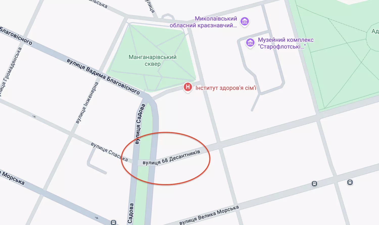 Перехрестя вулиць Садова та 68 Десантників у Миколаєві, скриншот з Google Maps