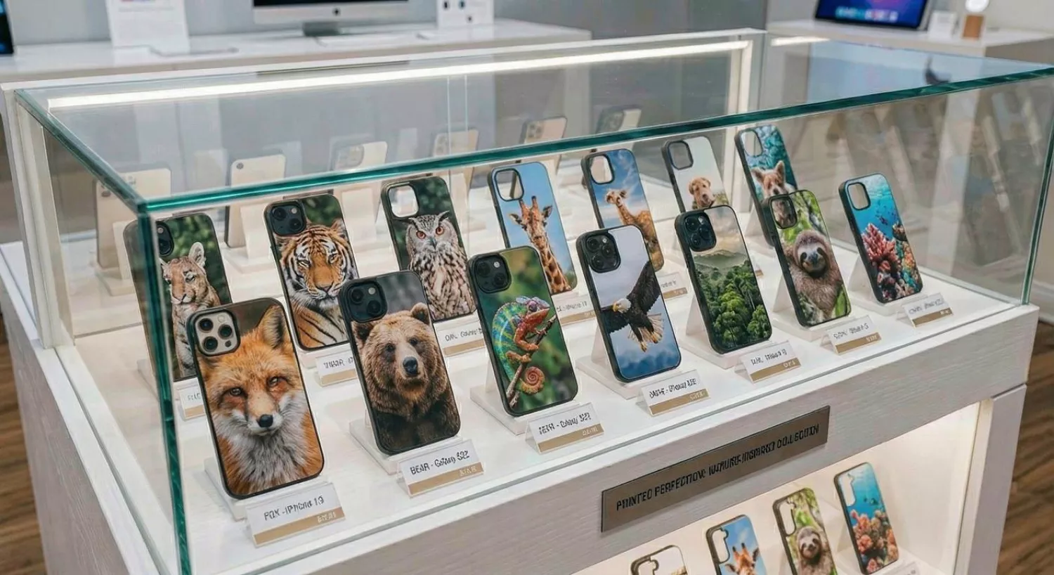 Персоналізовані чохли для смартфонів із друком у вітрині магазину аксесуарів