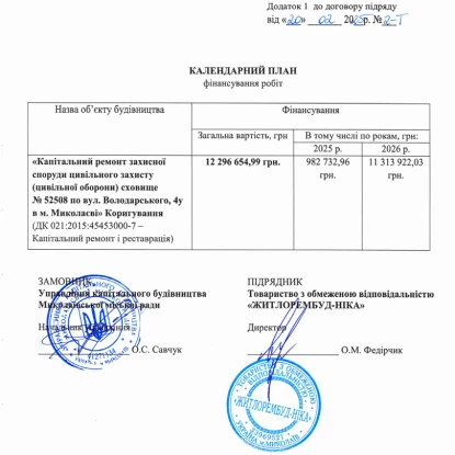 Календарний план виконання робіт в укритті №1. Скриншот Prozorro
