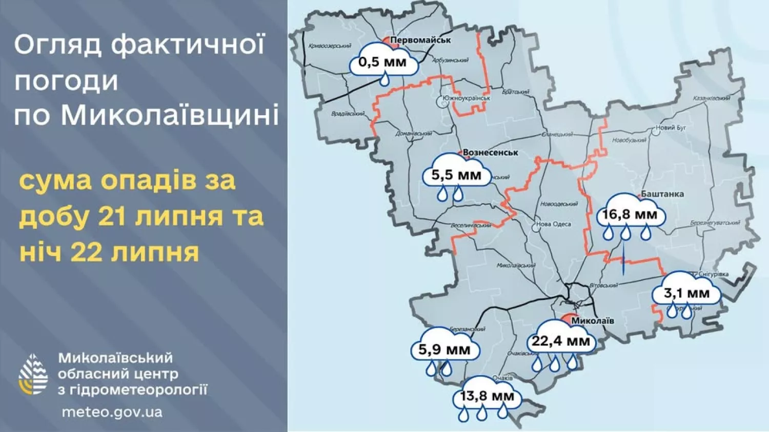 Кількість опадів, які випали за добу на Миколаївщині. Інфографіка: Миколаївський обласний центр з гідрометеорології