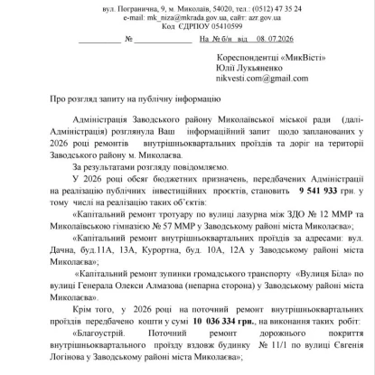 Відповідь адміністрації Заводського району на запит МикВісті