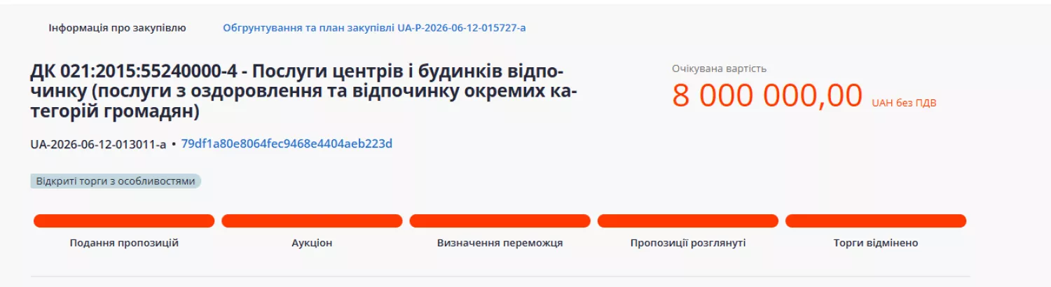 Перший тендер на відпочинок військових скасували. Скриншот з Prozorro