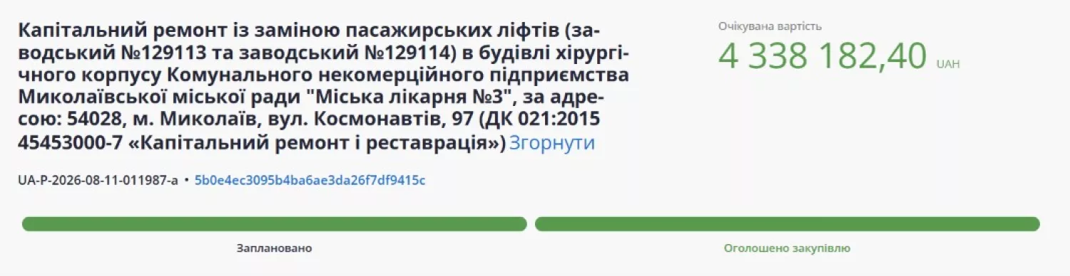 Скриншот тендеру з системи публічних закупівель Prozorro