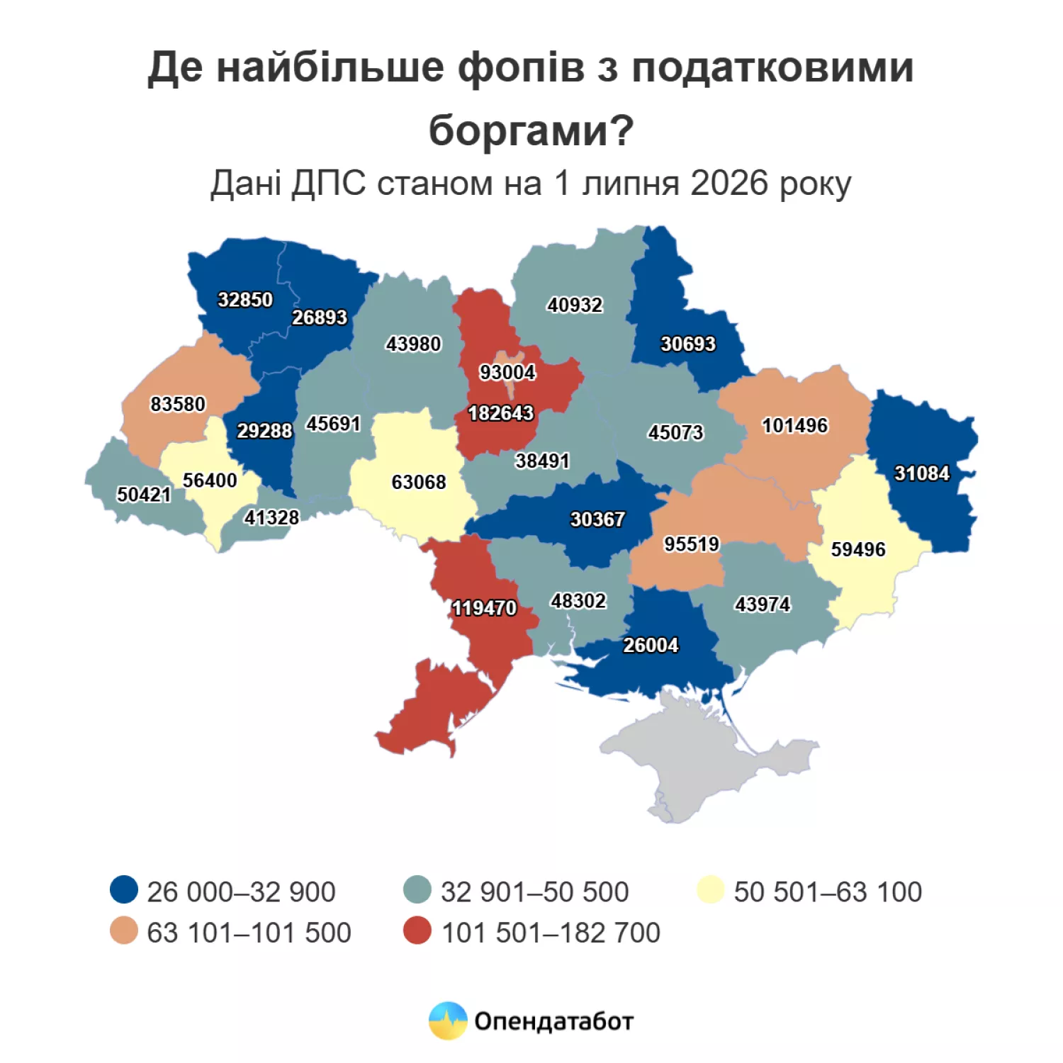 Де найбільше ФОПів з податковими боргами. Інфографіка: Опендатабот