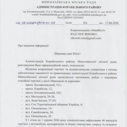 Відповідь адміністрації Корабельного району щодо несанкціонованої торгівлі на запит НикВести