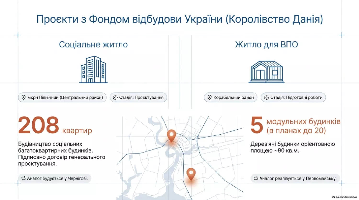 Проєкти з донорами щодо соціального та доступного житла у Миколаєві. Слайд з презентації ДМГ