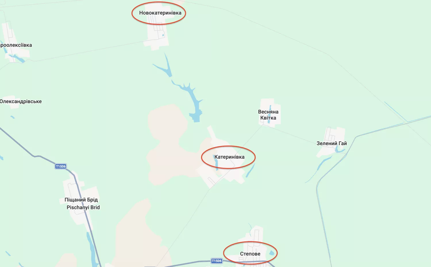 Розташуванннія сіл Новокатеринівка, Катеринівка та Степове. Скриншот з google maps