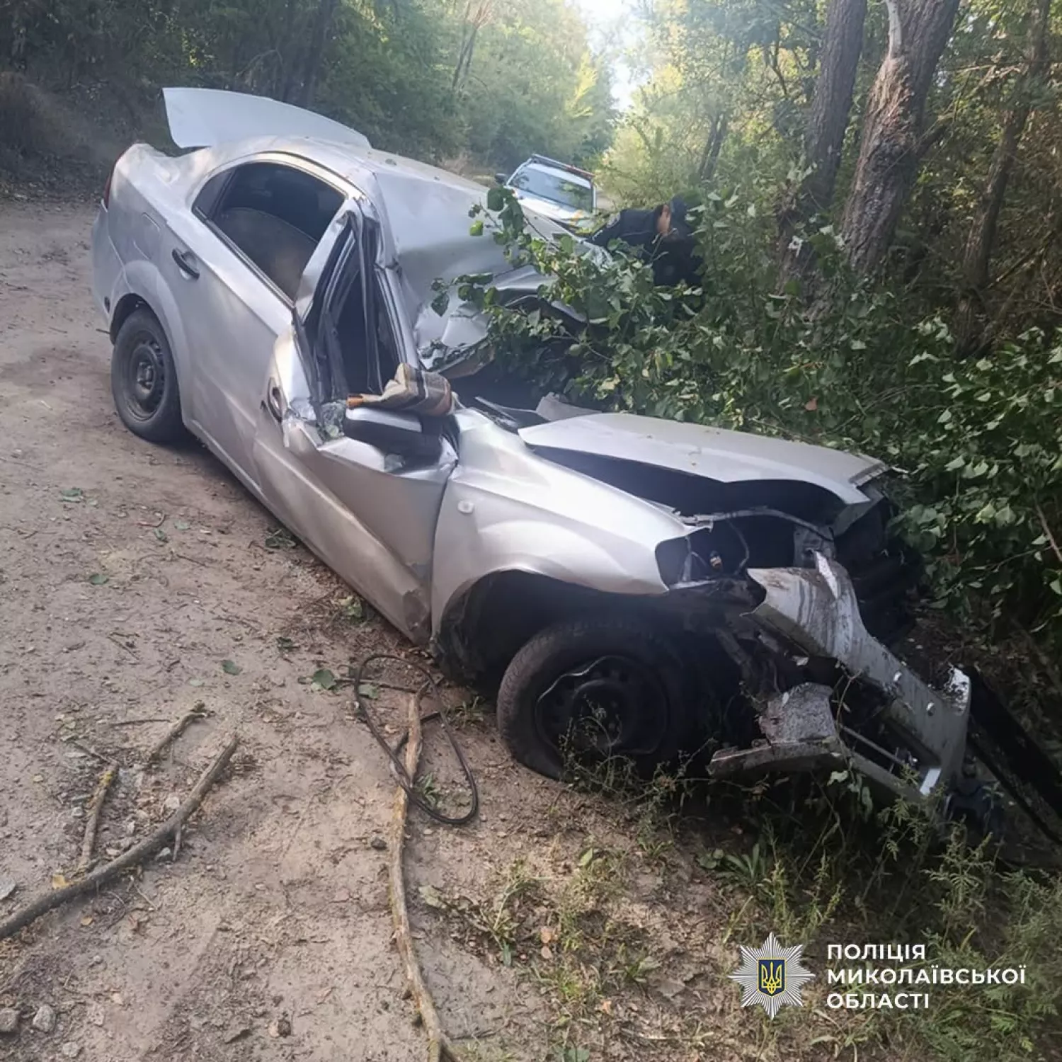 На польовій дорозі біля Нової Одеси легковик врізався в дерево. Фото поліції Миколаївщини