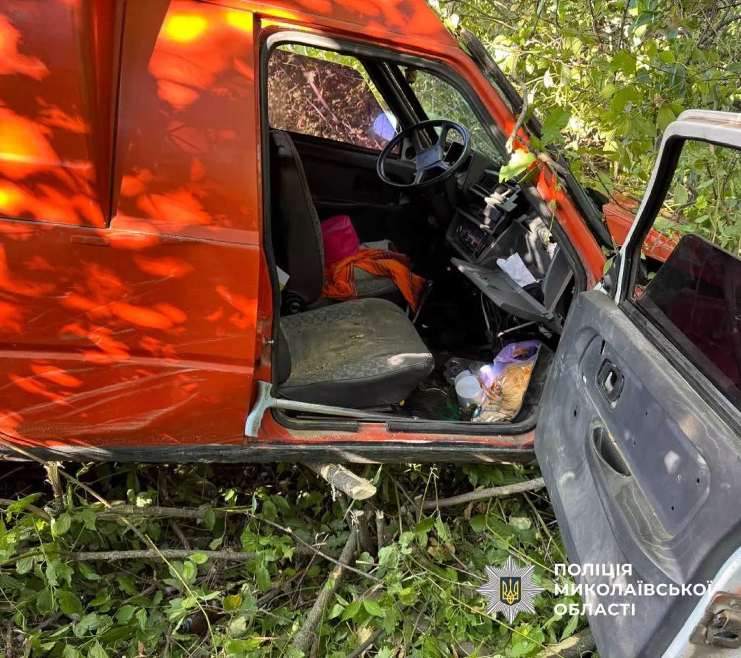 У Вознесенському районі автомобіль з’їхав у кювет і врізався в дерево. Фото: поліція Миколаївщини