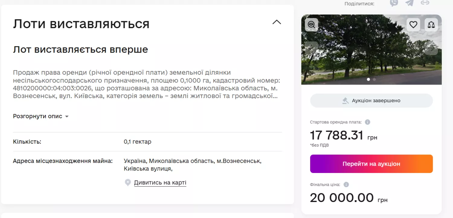 Аукціон, на якому викупили право оренди землі біля алеї дубів. Скриншот з Prozorro.Sale