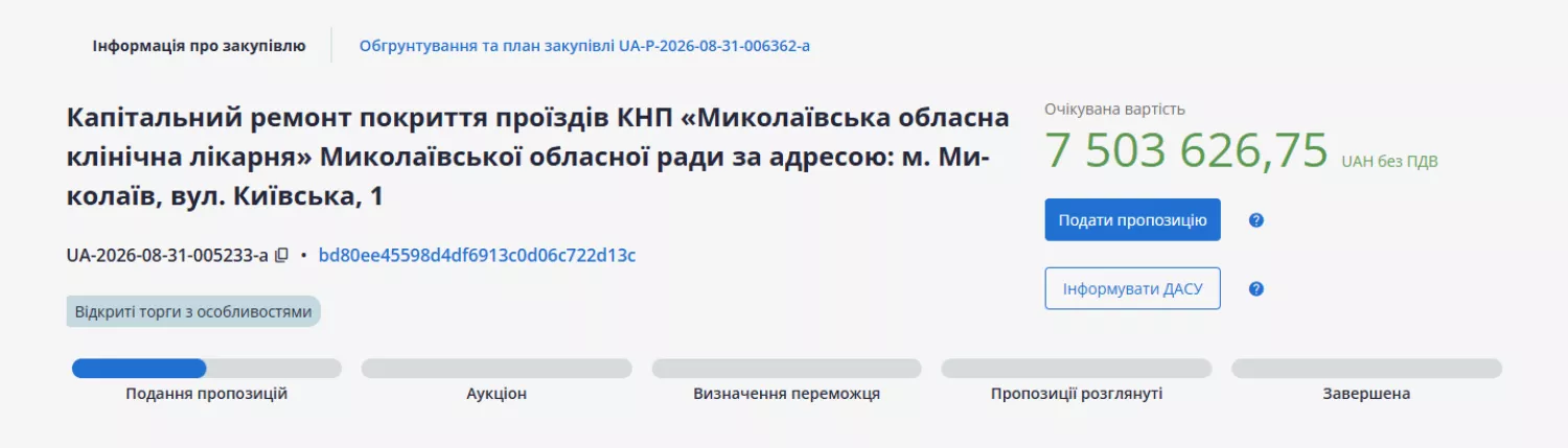 Тендер на ремонт проїздів біля лікарні. Скриншот з Prozorro