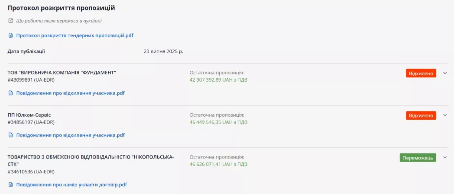 У тендері взяли участь три компанії. Скриншот з системи Prozorro